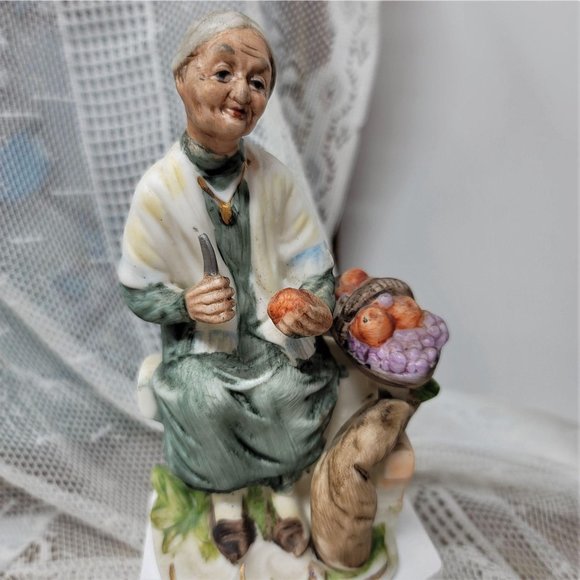 Old Woman Peeling Apples Figurine Vintage Hand Pai - Picture 1 of 9